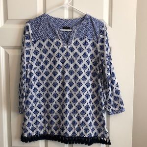 Talbots blue & white blouse w/fringe